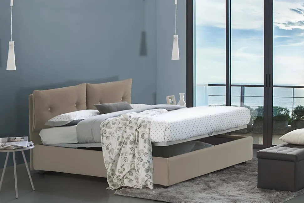 Lit double Dmerol, Lit coffre avec revêtement en similcuir, Ouverture frontale, adapté pour matelas 160x200 cm, gris tourterelle