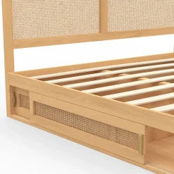 Lit double EDHEN avec rangements + tête de lit effet cannage naturel et sommier 140 x 190 cm coloris bois