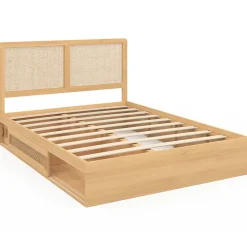 Lit double EDHEN avec rangements + tête de lit effet cannage naturel et sommier 140 x 190 cm coloris bois