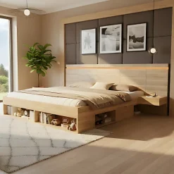 Lit double en bois 180x200cm - avec tiroirs et 2 tables de chevet - Éclairage LED - Ports USB et Type-C - Naturel (sans matelas)