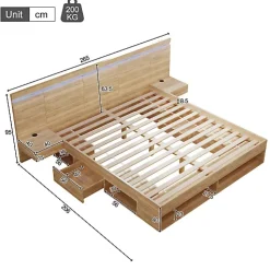 Lit double en bois 180x200cm - avec tiroirs et 2 tables de chevet - Éclairage LED - Ports USB et Type-C - Naturel (sans matelas)