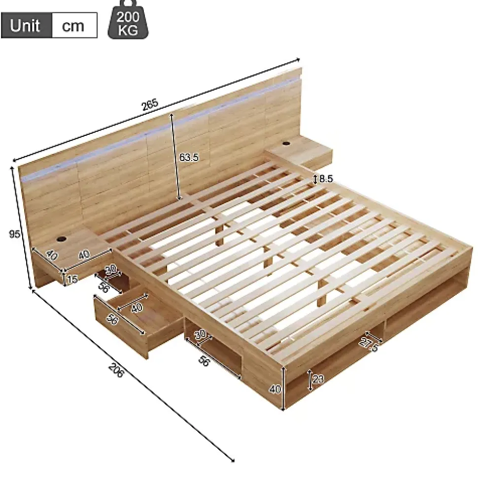 Lit double en bois 180x200cm - avec tiroirs et 2 tables de chevet - Éclairage LED - Ports USB et Type-C - Naturel (sans matelas)