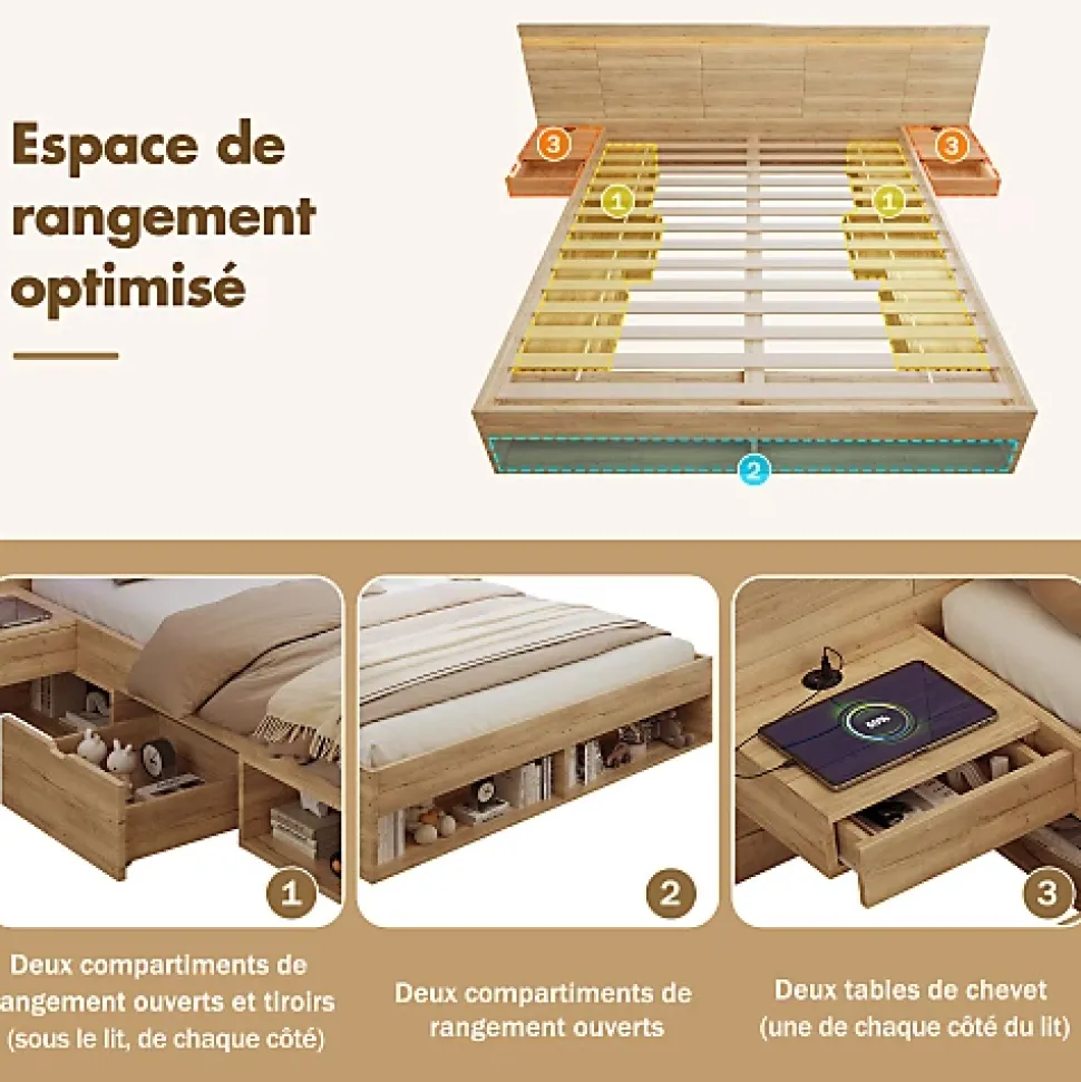Lit double en bois 180x200cm - avec tiroirs et 2 tables de chevet - Éclairage LED - Ports USB et Type-C - Naturel (sans matelas)