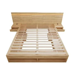 Lit double en bois 180x200cm - avec tiroirs et 2 tables de chevet - Éclairage LED - Ports USB et Type-C - Naturel (sans matelas)