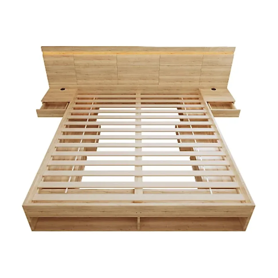 Lit double en bois 180x200cm - avec tiroirs et 2 tables de chevet - Éclairage LED - Ports USB et Type-C - Naturel (sans matelas)