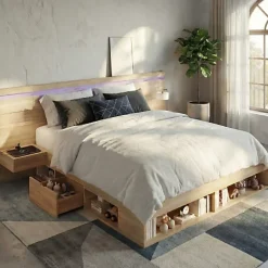 Lit double en bois 180x200cm - avec tiroirs et 2 tables de chevet - Éclairage LED - Ports USB et Type-C - Naturel (sans matelas)