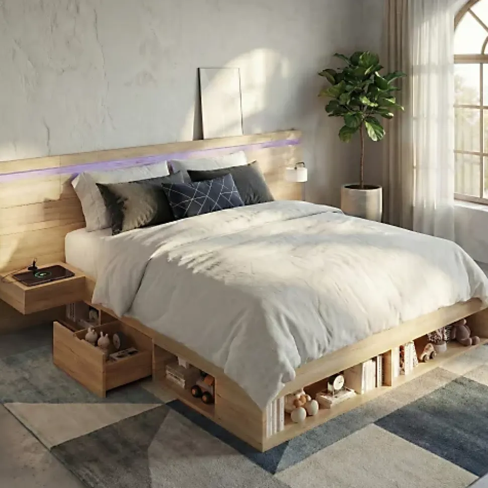 Lit double en bois 180x200cm - avec tiroirs et 2 tables de chevet - Éclairage LED - Ports USB et Type-C - Naturel (sans matelas)