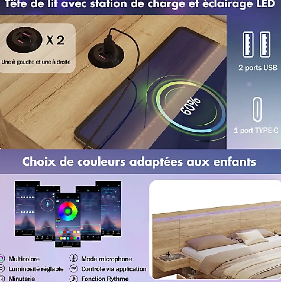 Lit double en bois 180x200cm - avec tiroirs et 2 tables de chevet - Éclairage LED - Ports USB et Type-C - Naturel (sans matelas)