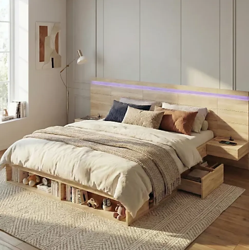 Lit double en bois 180x200cm - avec tiroirs et 2 tables de chevet - Éclairage LED - Ports USB et Type-C - Naturel (sans matelas)