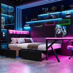 Lit double en métal 140x200cm - avec tête de lit LED - 2 tiroirs et bureau avec éclairage LED - Noir (Matelas non inclus)