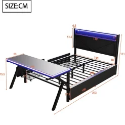 Lit double en métal 140x200cm - avec tête de lit LED - 2 tiroirs et bureau avec éclairage LED - Noir (Matelas non inclus)