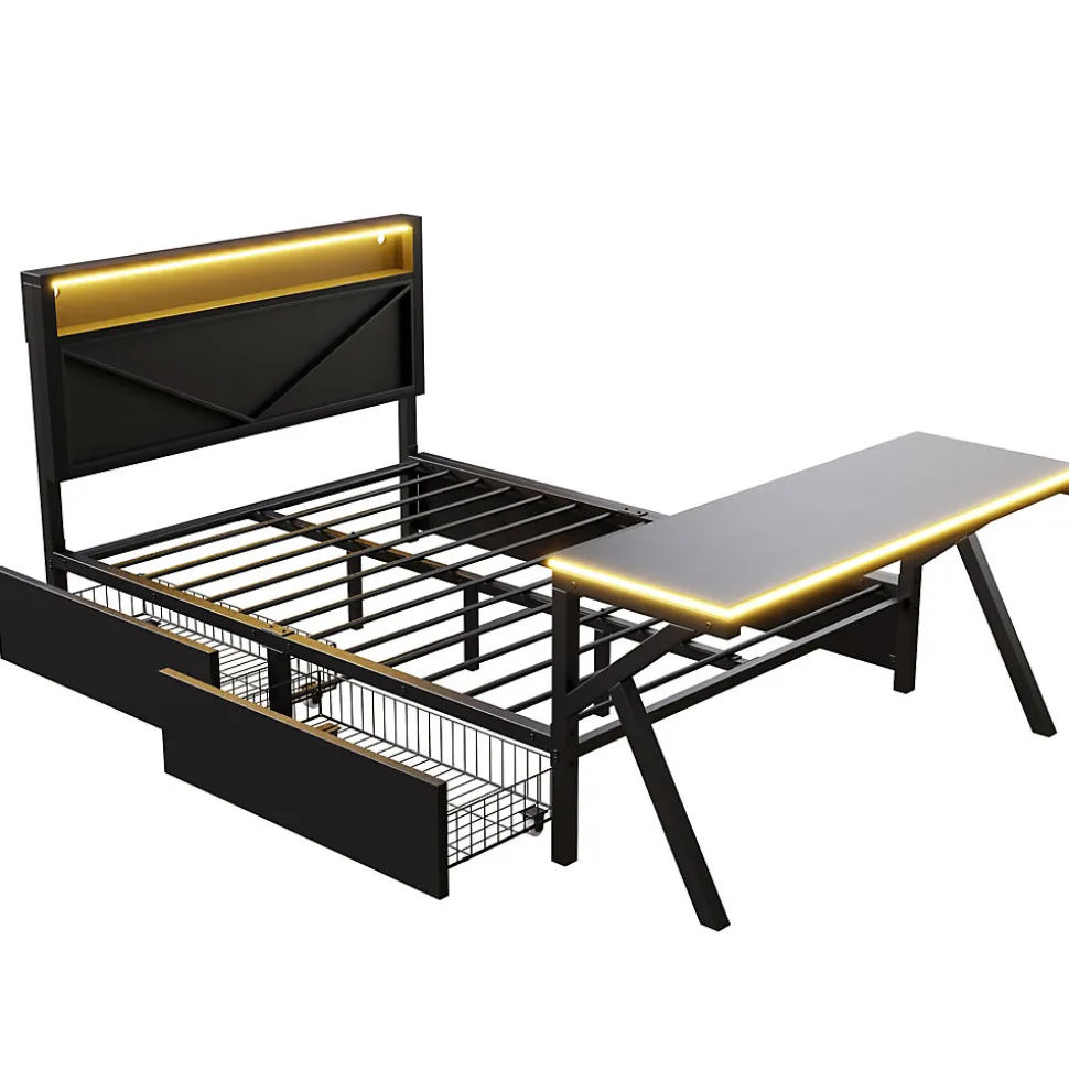 Lit double en métal 140x200cm - avec tête de lit LED - 2 tiroirs et bureau avec éclairage LED - Noir (Matelas non inclus)