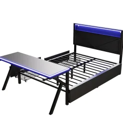 Lit double en métal 140x200cm - avec tête de lit LED - 2 tiroirs et bureau avec éclairage LED - Noir (Matelas non inclus)