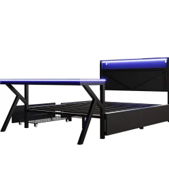 Lit double en métal 140x200cm - avec tête de lit LED - 2 tiroirs et bureau avec éclairage LED - Noir (Matelas non inclus)