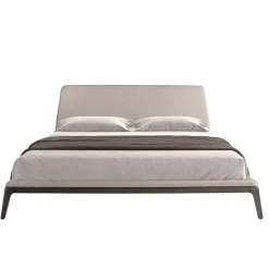 Lit double en tissu gris moderne avec tête de lit originale