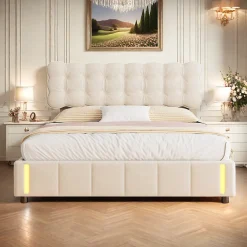 Lit double en velours beige 160x200cm avec rangement hydraulique et lampe sensorielle au pied, confort moderne et lumineux