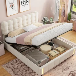 Lit double en velours beige 160x200cm avec rangement hydraulique et lampe sensorielle au pied, confort moderne et lumineux