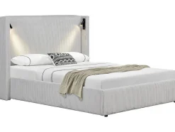 Lit double en velours côtelé avec coffre et lampe intégré "Cortina" 140 x 190 cm Beige