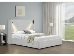 Lit double en velours côtelé avec coffre et lampe intégré "Cortina" 140 x 190 cm Beige