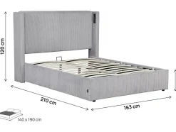 Lit double en velours côtelé avec coffre et lampe intégré "Cortina" 140 x 190 cm Gris