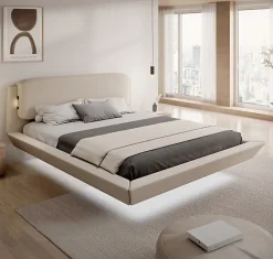 Lit double flottant - Cadre bois recouvert lin beige - LED intégrée, ports USB - 2 places - 160x200 cm