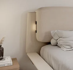 Lit double flottant - Cadre bois recouvert lin beige - LED intégrée, ports USB - 2 places - 160x200 cm