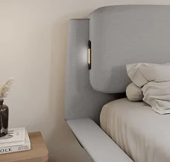 Lit double flottant tapissé - Lin gris - LED intégrée & ports USB - Sommier à lattes - 2 places 150x190 cm