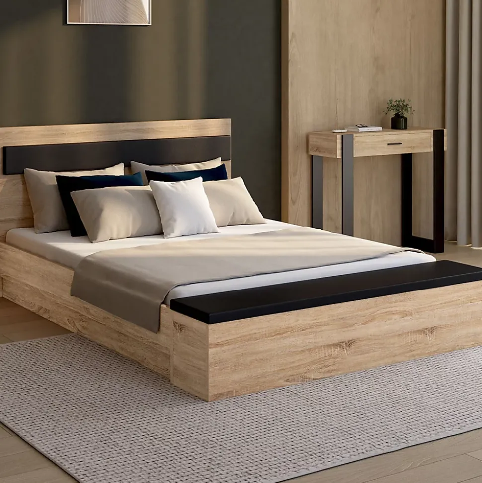 Lit double GAELLE tête de lit + banc coffre et sommier 140 x 190 cm bois et noir