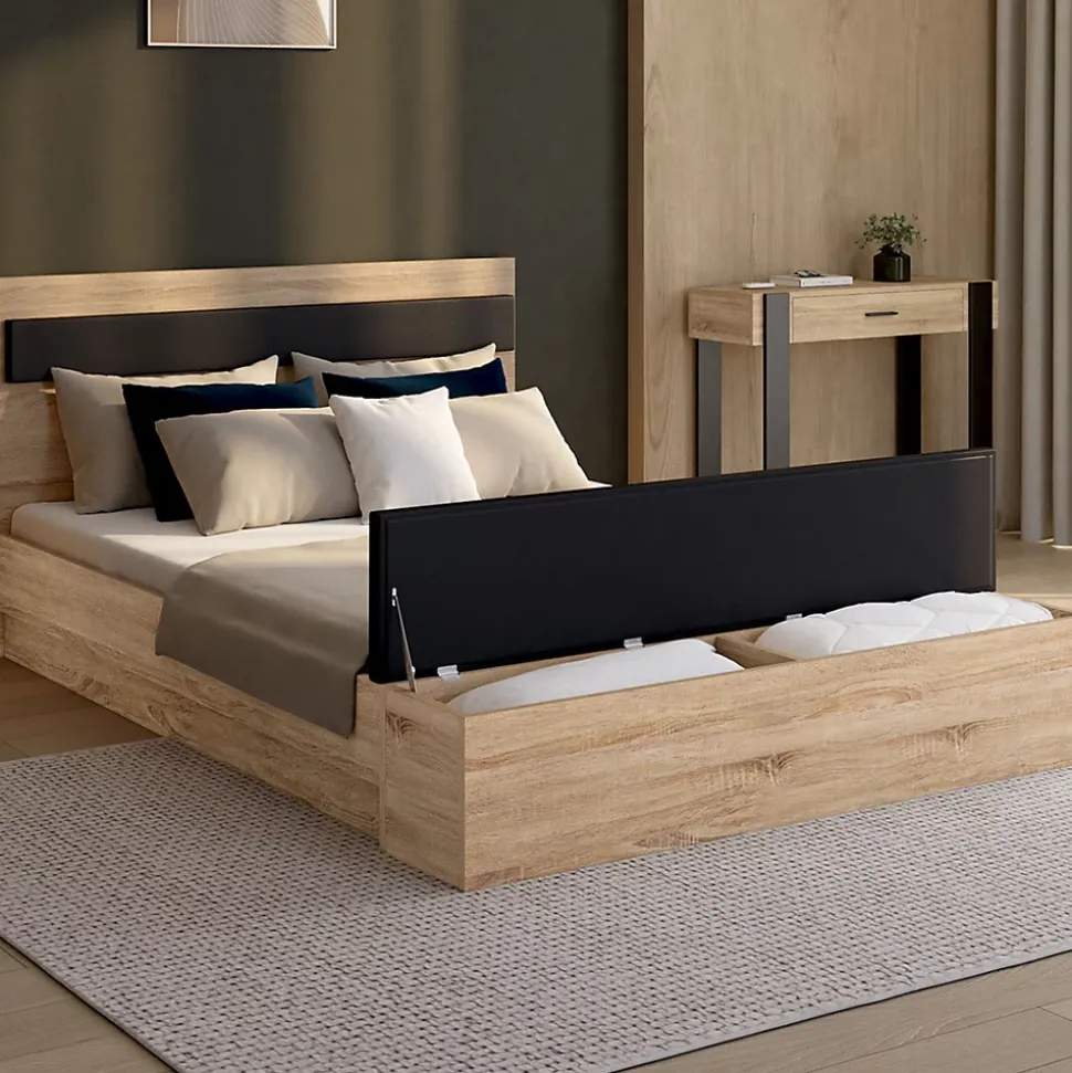 Lit double GAELLE tête de lit + banc coffre et sommier 140 x 190 cm bois et noir