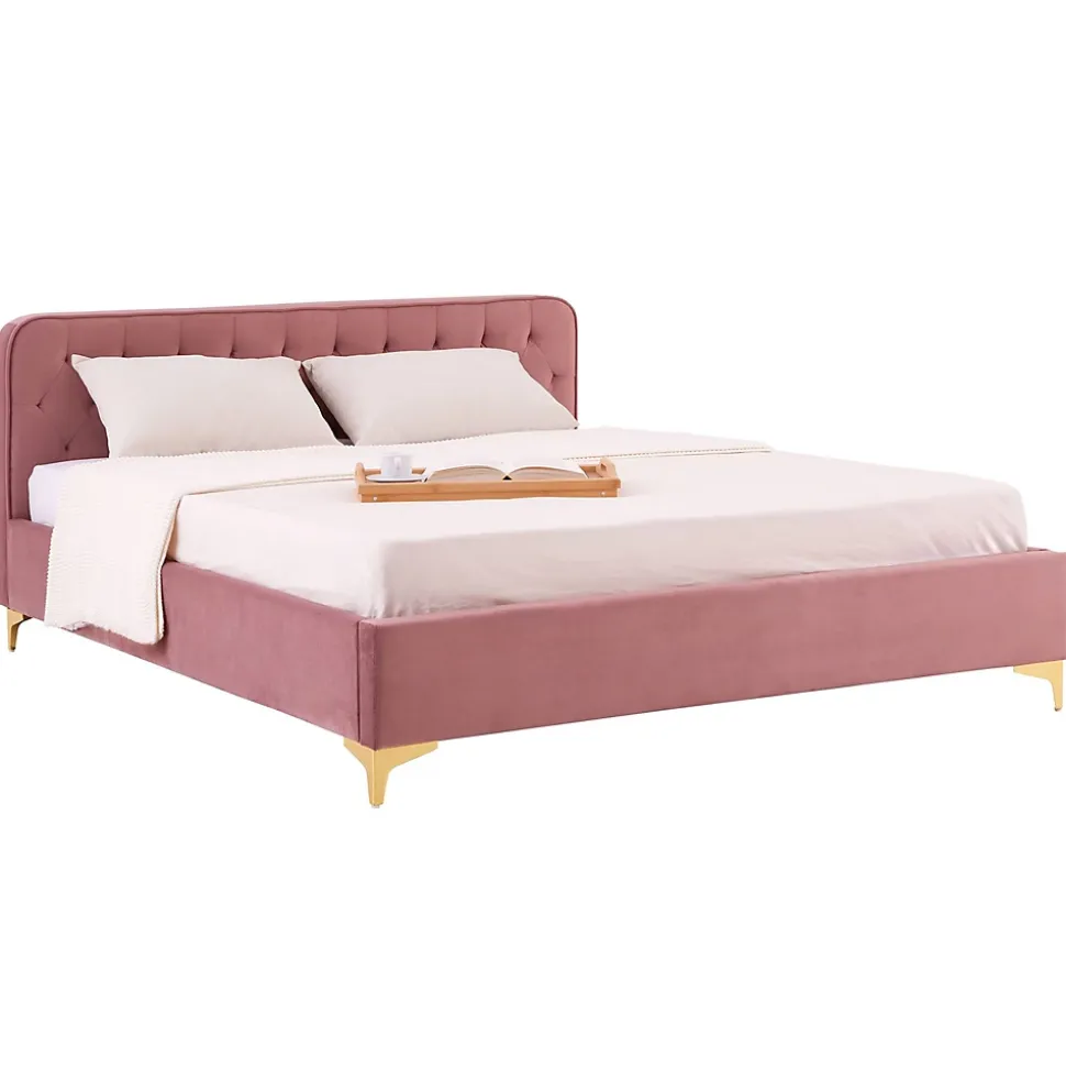 Lit double GLAMOUR, 140x190 cm, capitonné avec sommier, revêtement en velours rose