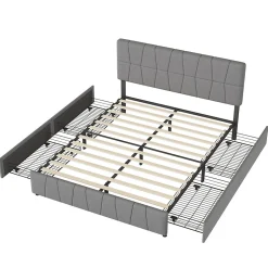 Lit double gris 160 x 200 cm, velours, cadre de lit avec 4 tiroirs, sans matelas