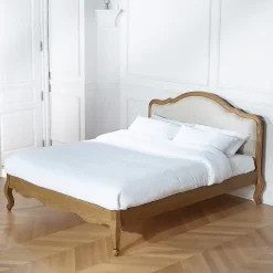 Lit double HENRY Style romantique en chêne et lin premium 140 x 190