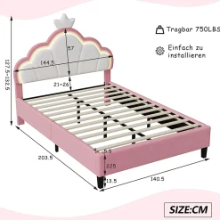 Lit double Lit adulte 140 x 200 cm avec bande lumineuse LED, en cuir PU, rose