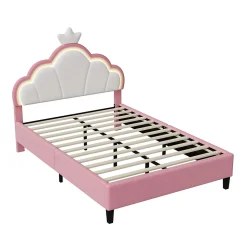 Lit double Lit adulte 140 x 200 cm avec bande lumineuse LED, en cuir PU, rose