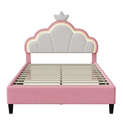 Lit double Lit adulte 90 x 200 cm avec bande lumineuse LED, en cuir PU, rose