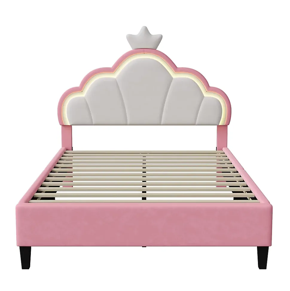 Lit double Lit adulte 90 x 200 cm avec bande lumineuse LED, en cuir PU, rose