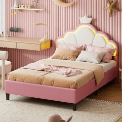 Lit double Lit adulte 90 x 200 cm avec bande lumineuse LED, en cuir PU, rose