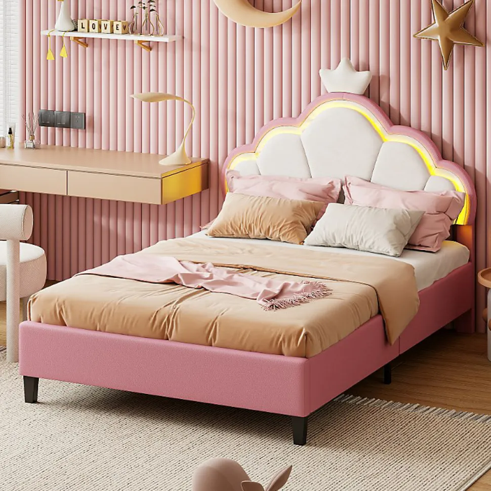 Lit double Lit adulte 90 x 200 cm avec bande lumineuse LED, en cuir PU, rose