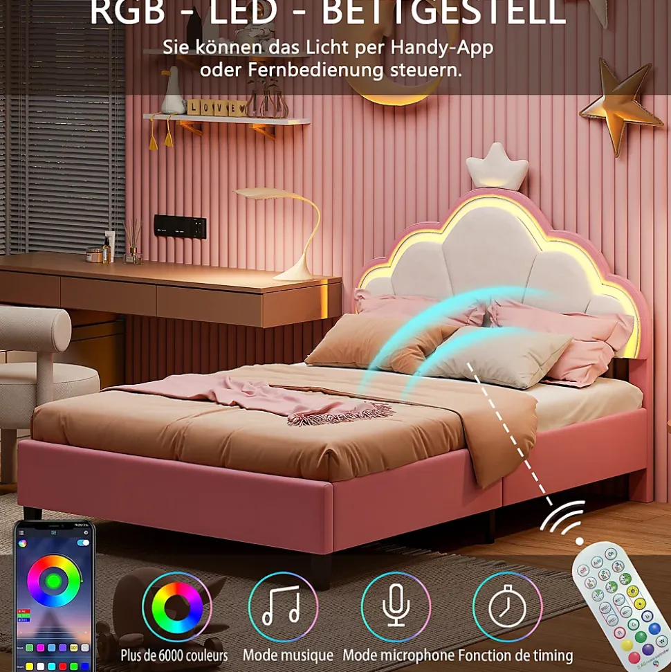 Lit double Lit adulte 90 x 200 cm avec bande lumineuse LED, en cuir PU, rose