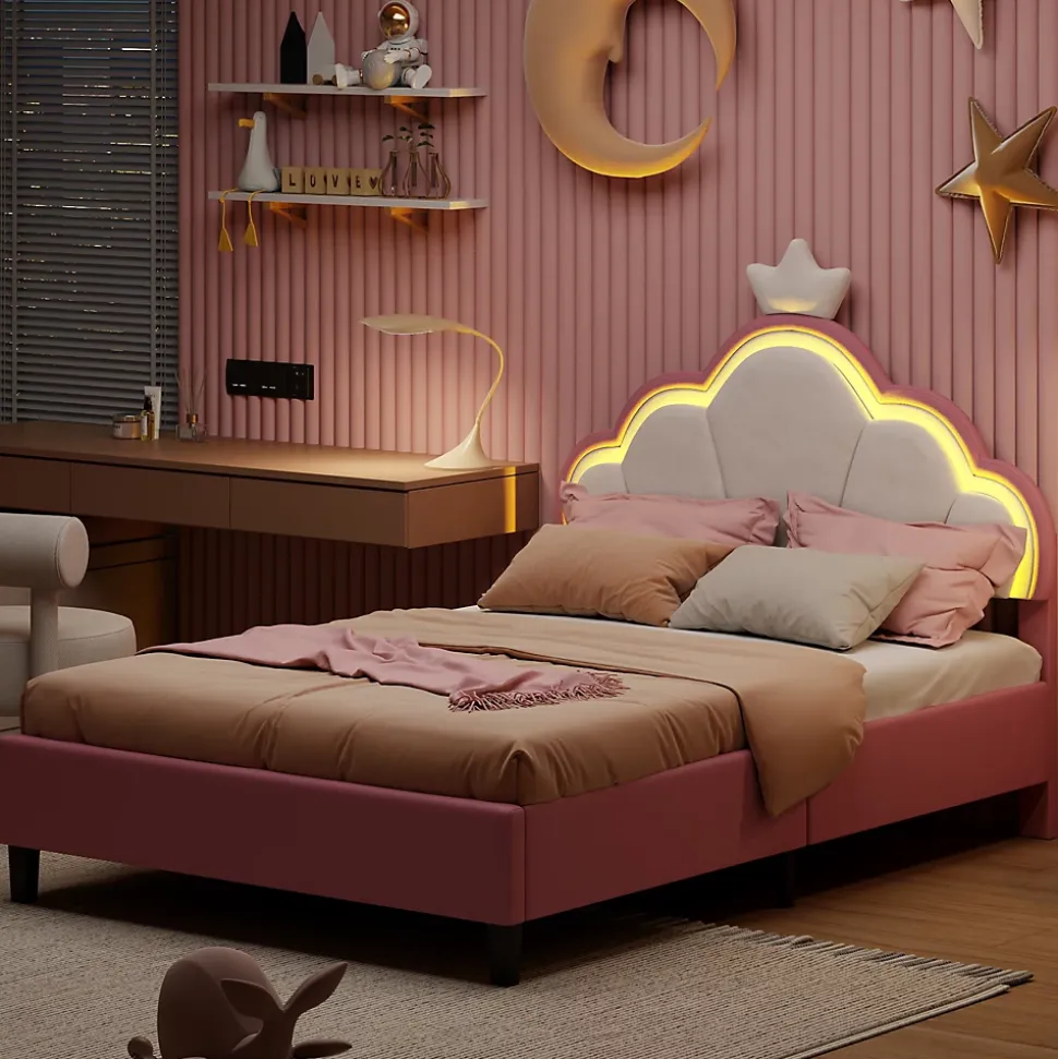 Lit double Lit adulte 90 x 200 cm avec bande lumineuse LED, en cuir PU, rose