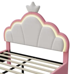 Lit double Lit adulte 90 x 200 cm avec bande lumineuse LED, en cuir PU, rose