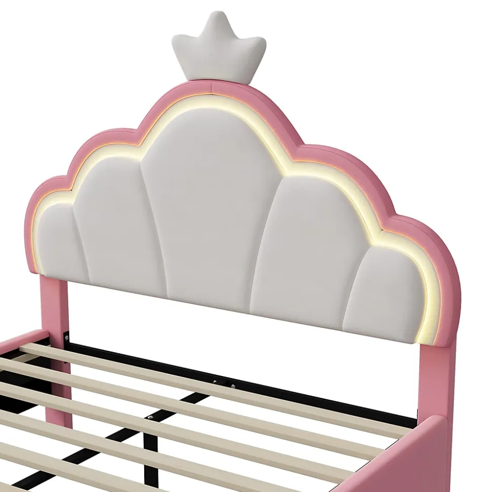 Lit double Lit adulte 90 x 200 cm avec bande lumineuse LED, en cuir PU, rose