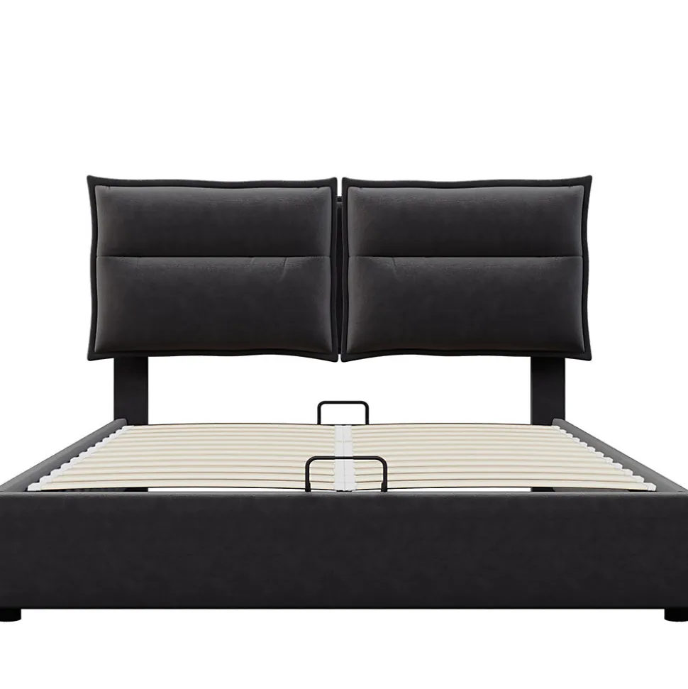 Lit double lit rembourré hydraulique 140x200cm, lit de rangement avec sommier à lattes métalliques, velours, noir,sans matelas