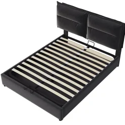 Lit double lit rembourré hydraulique 140x200cm, lit de rangement avec sommier à lattes métalliques, velours, noir,sans matelas