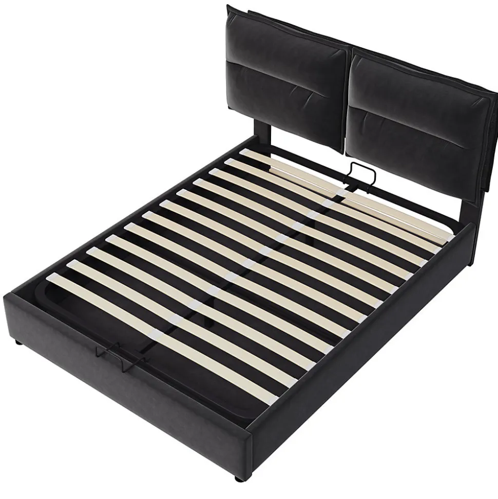 Lit double lit rembourré hydraulique 140x200cm, lit de rangement avec sommier à lattes métalliques, velours, noir,sans matelas