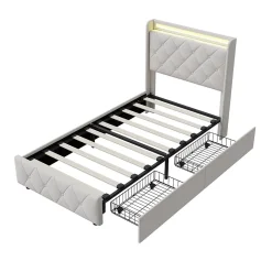 Lit double, lit rembourré 90x200 cm en velours avec tiroirs, tête de lit avec USB & USB-C et LED multicolore, Beige