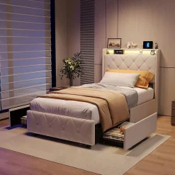 Lit double, lit rembourré 90x200 cm en velours avec tiroirs, tête de lit avec USB & USB-C et LED multicolore, Beige