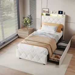 Lit double, lit rembourré 90x200 cm en velours avec tiroirs, tête de lit avec USB & USB-C et LED multicolore, Beige