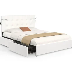 Lit double MAEL 140 x 190 cm avec tête de lit capitonnée PVC blanc liseuses intégrées et sommier et 2 tiroirs sur roulettes