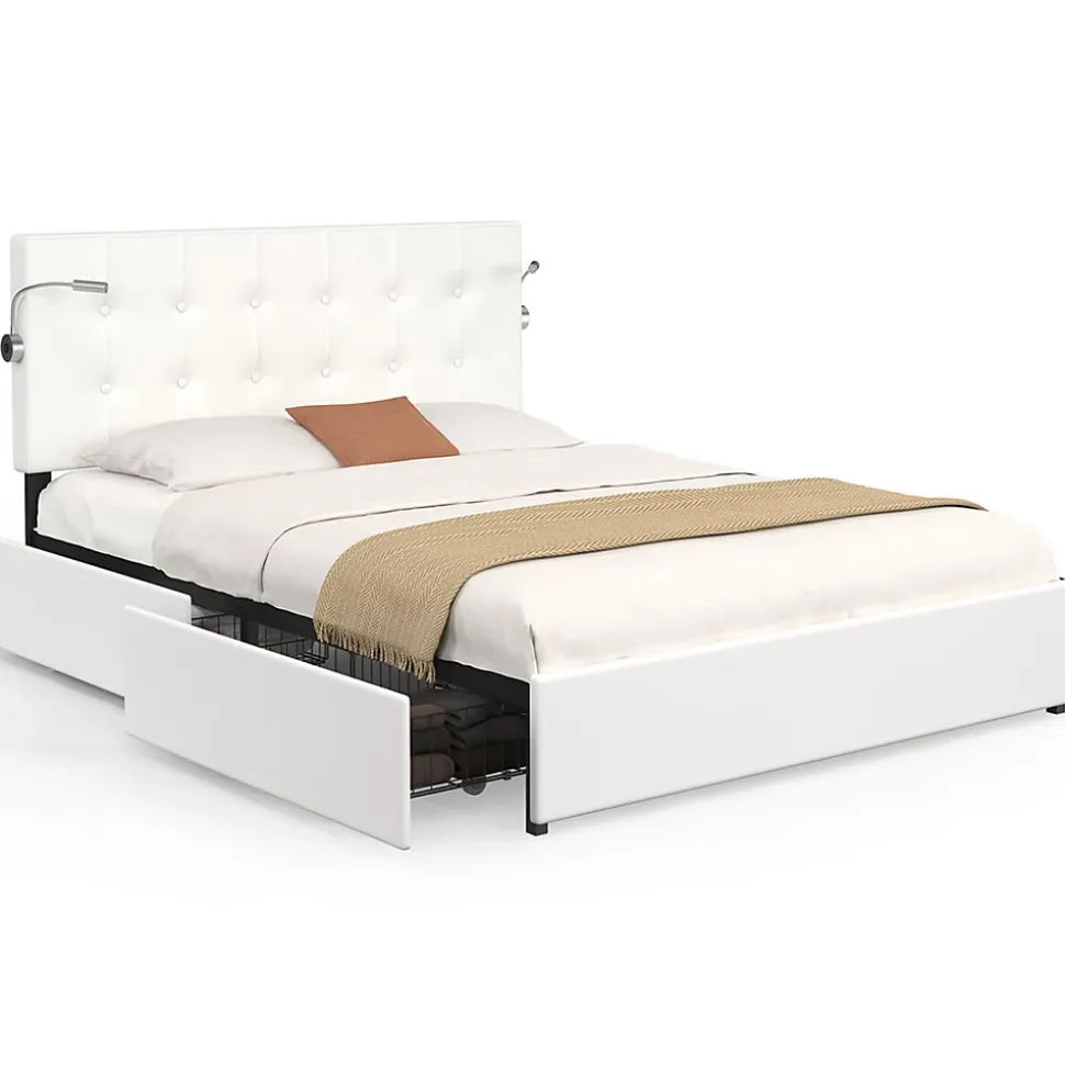 Lit double MAEL 140 x 190 cm avec tête de lit capitonnée PVC blanc liseuses intégrées et sommier et 2 tiroirs sur roulettes